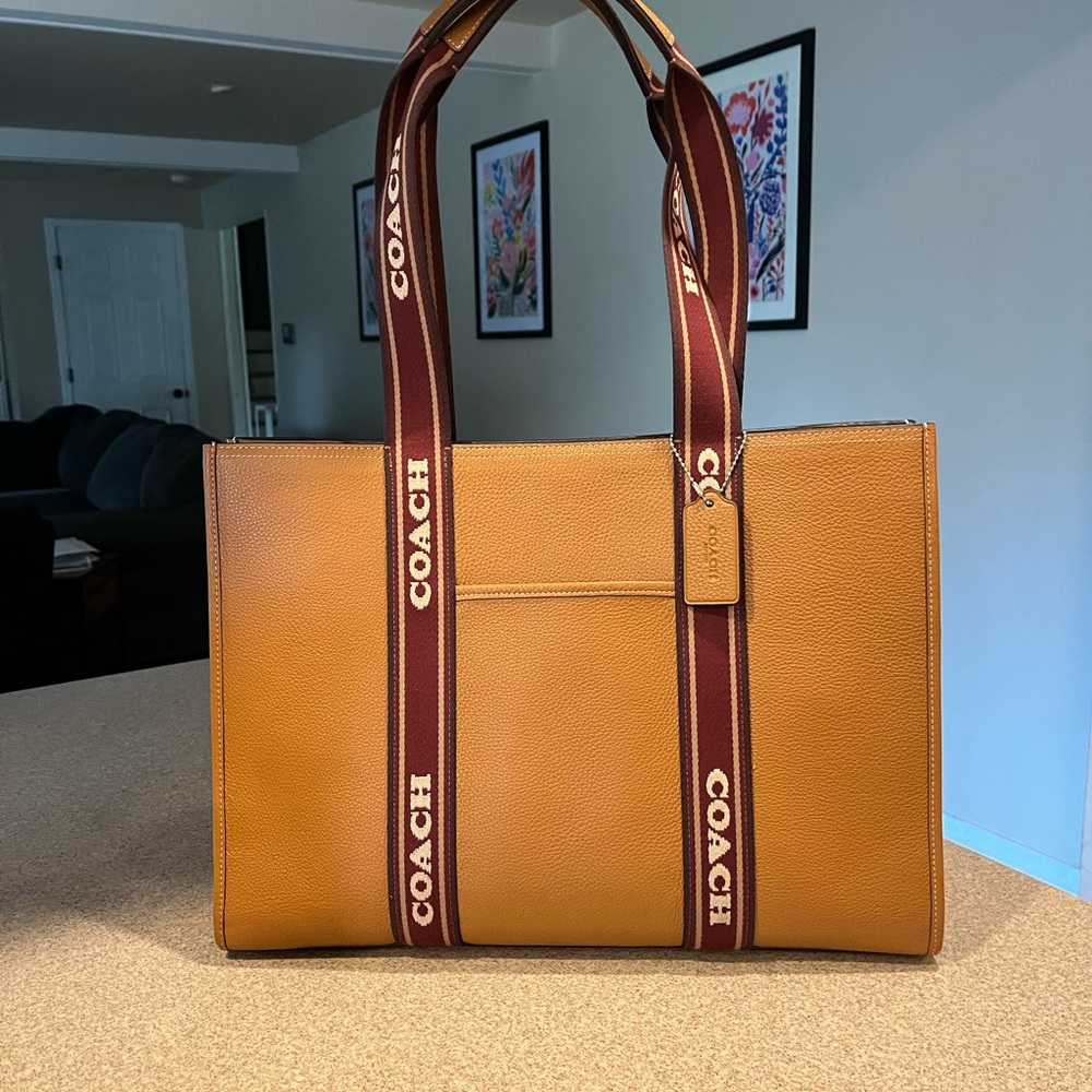 Coach Tan Leather Briefcase with Modern Striped Accents